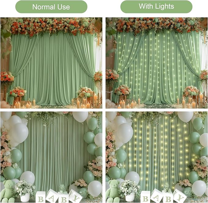 Sage Green Backdrop Curtains with Lights,10x10FT Wrinkle Free Photo Curtains Backdrop Drapes Fabric for Baby Shower Birthday Ceremony Reception Home Party Decorations-5ft x 10ft,2 Panels