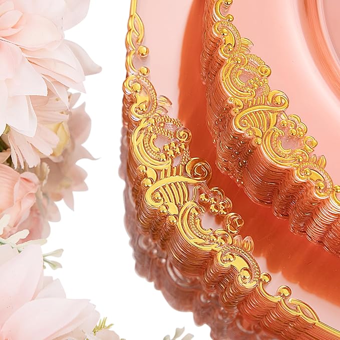 Hioasis 175pcs Pink and Gold Plates - Pink Party Plates for 25 Guest, Include 50 Heavy-duty Plates(20% Thicker Than Standard), 75 Cutlery Set, 25 Napkin, 25 Cups for Party & Easter