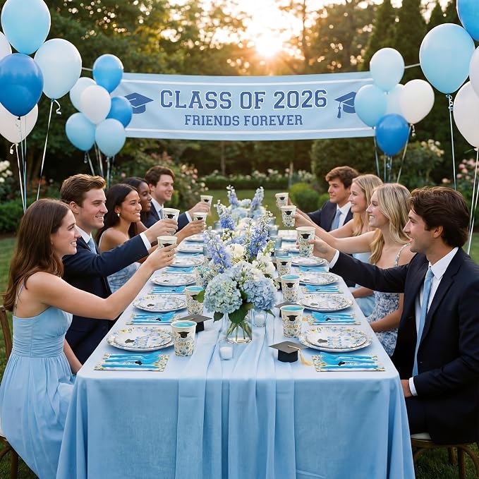 400 Pcs Class of 2026 Light Blue Graduation Decoration Floral for 50 Guests, Flower Blue Gold Graduation Paper Plates Napkins Cups Cutlery Grad Tableware for 2026 Congrats Grad Party Supply