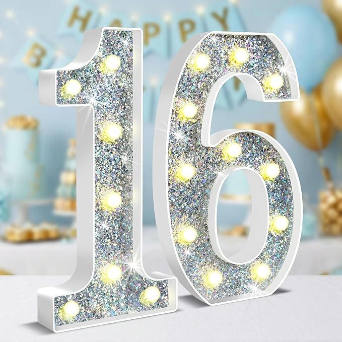 12.6 Inch LED Silver Marquee Light Up Numbers, 16th Birthday Decorations Number Lights as Gifts for Girls Boys, Glitter Lighted Marquee Numbers for Silver Anniversary Party Table Decor, 16