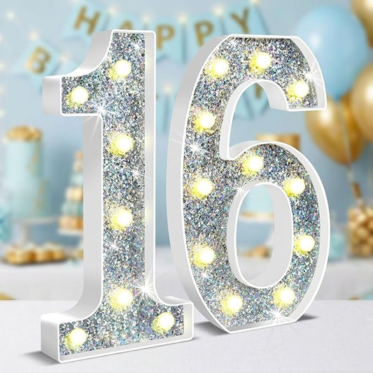 12.6 Inch LED Silver Marquee Light Up Numbers, 16th Birthday Decorations Number Lights as Gifts for Girls Boys, Glitter Lighted Marquee Numbers for Silver Anniversary Party Table Decor, 16