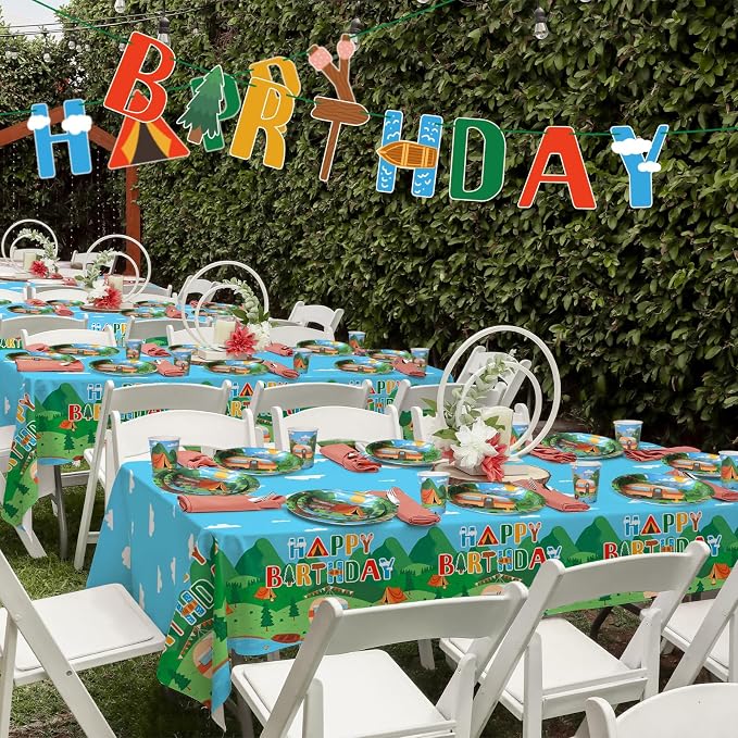 Happy Camper Birthday & Camping Party Decorations Set - Serves 25 with Disposable Plates, Cups, Napkins, Tablecloth & Banner, 1st Birthday, Camping Themed Events & Wedding Parties