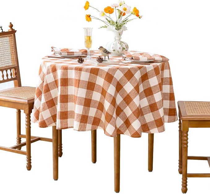Linen World Gingham Tablecloth, Round, 90", Rust Checkered | Buffalo Plaid, 100% French Flax, For Dining Table, Weddings, Thanksgiving & Christmas
