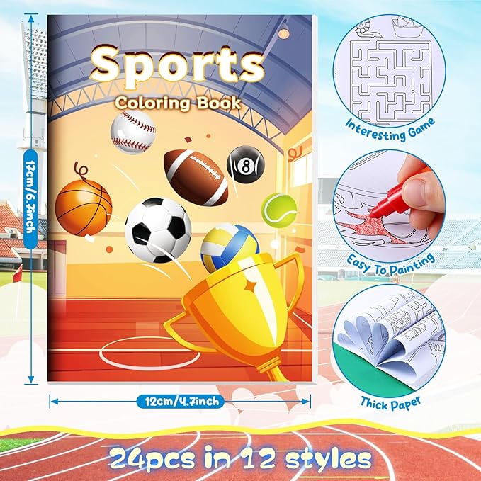 BenLouis 24 Sports Mini Coloring Books Kids with 24 Stacking Crayons Sports Party Favors Activity Books Bulk for Kids Boys Sports Birthday Goodie Bag Gift Stuffer Classroom Reward
