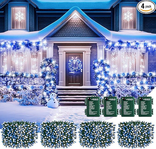Brightown Christmas Lights Outdoor Battery Operated, 4 Pack Total 132FT 400 LED Battery Fairy Lights with Timer,8 Mode,Waterproof Christmas String Lights for Outside Indoor Bedroom, Blue & White
