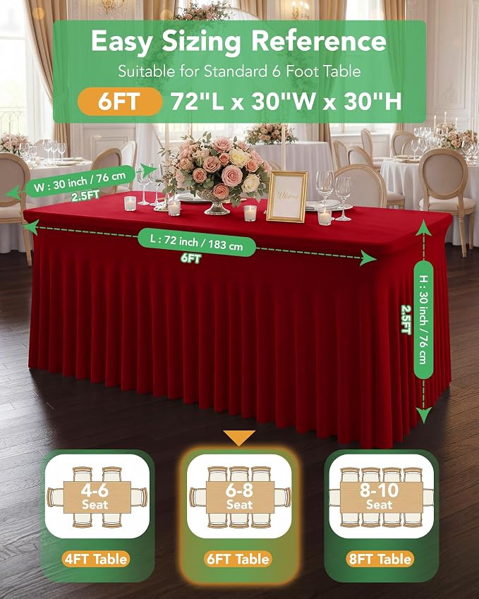 4 Pack Spandex Table Cover Skirts for 6ft Rectangle Tables, Red Stretch Table Cloths with Floor-Length Ruffle, Elastic Fitted Skirted Tablecloth for Elegant Wedding Banquet Party Buffet Decoration