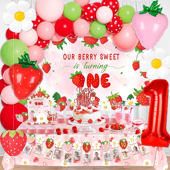 Kriyokiaa Berry First Birthday Decor Strawberry 1st Shortcake Birthday Decorations for Girls with Balloon Arch, Highchair Banner Strawberry Theme Backdrop, Photo Banner, Cake Topper