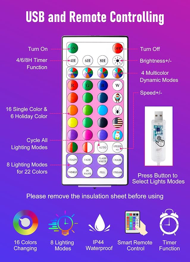 Minetom Fairy Lights Color Changing - 33FT 100 LED String Light with Remote | Halloween String Light with 16 Single Colors & 6 Holiday Colors,12 Modes,Timer, USB Fairy Lights for Bedroom Indoor Classroom