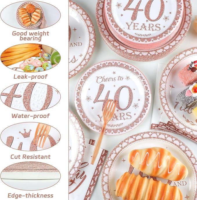 gisgfim 50 Guests 40th Birthday Decorations Plates Napkins for Women Rose Gold Party Supplies 40 Fabulous Happy Birthday Tableware Set Cheers to 40 Years Party Decor Table Decors for Her Girl 200Pcs