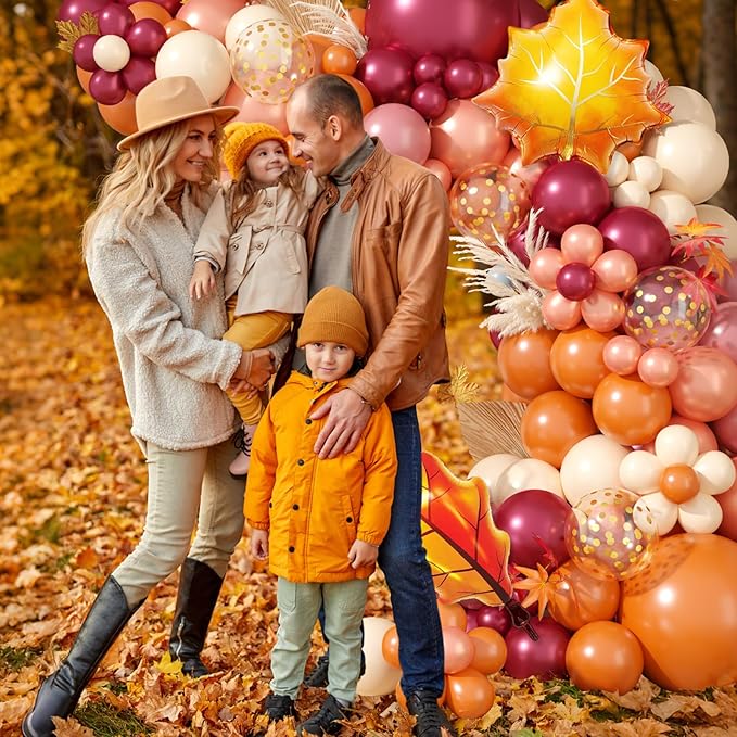 Fall Balloon Garland Arch Kit, Orange Wine Red Dusty Pink Rose Gold Confetti Balloons with Maple Leaf Foil Balloons for Thanksgiving Autumn Fall Birthday Baby Shower Party Decorations