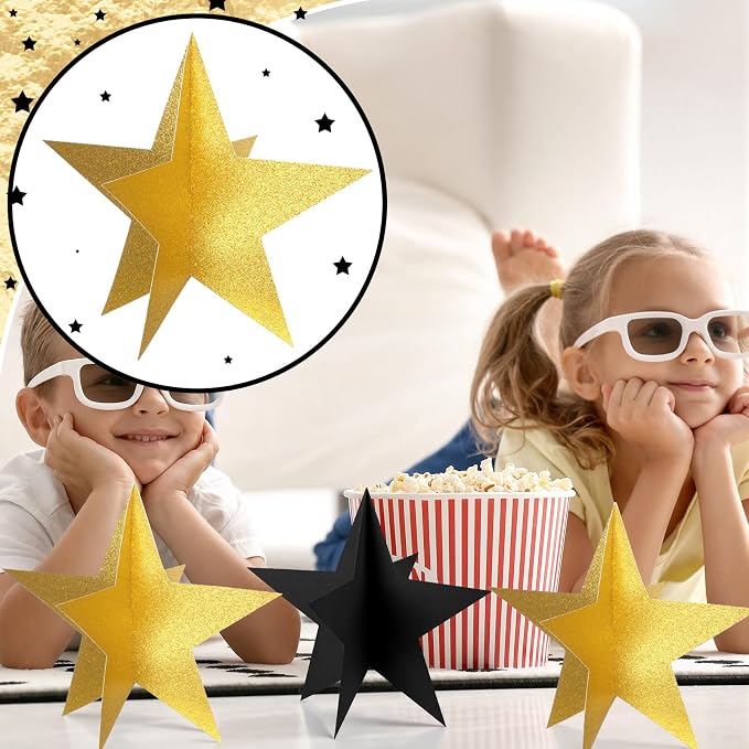 Sinload 18 Pcs Large 3D Glitter Star Decorations Back to School Work Black Gold Star Centerpiece Standing Hanging Decor for School Centerpiece Starry Movie Night Themed Party Decor