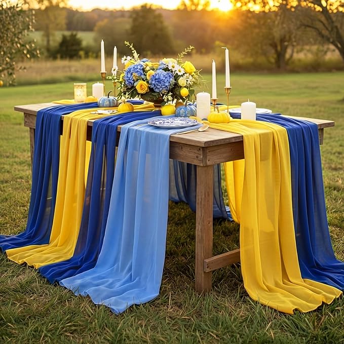Boao 6 Pcs Amalfi Coast Blue Yellow Lemon Party Decorations Table Runner Cloth 10Ft Boho Sheer Rustic Fabric for Wedding Birthday Party Baby Bridal Shower Graduation Dawn Sunset Decor