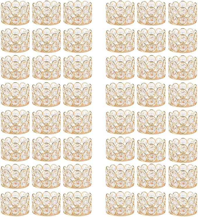 48 Pack Gold Metal Crystal Tea Light Candle Holders - 2.4"x1.6" Bulk Small Votive Candle Holders for Wedding, Home, Party Table Centerpiece Decorations