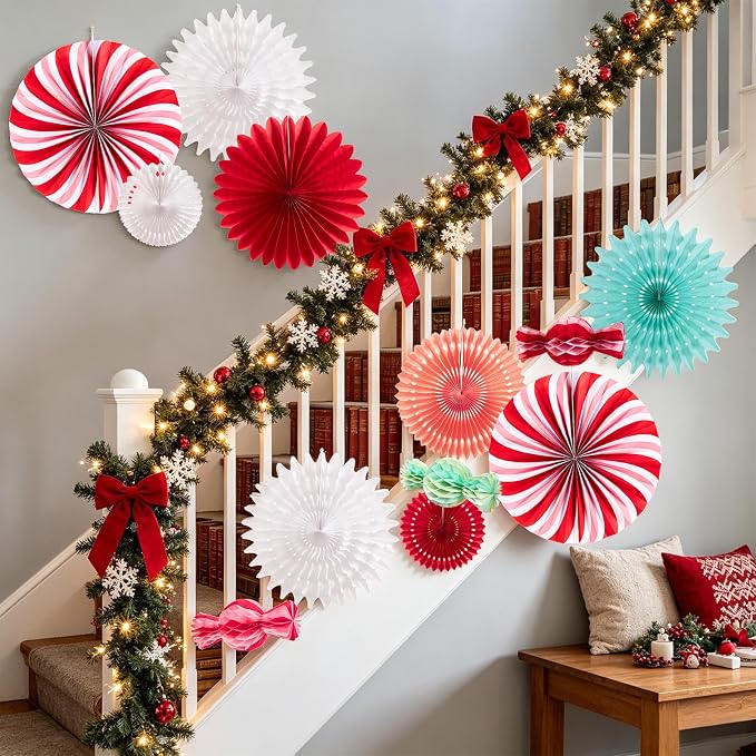 PAPER JAZZ 12pcs Candy Paper Fans Christmas Decoration,Candy Honeycomb Christmas Decorations,White and Red Xmas Decoration Wall/Ceiling for Classroom,Bulletin Board,Winterwonderland,Office Decor.