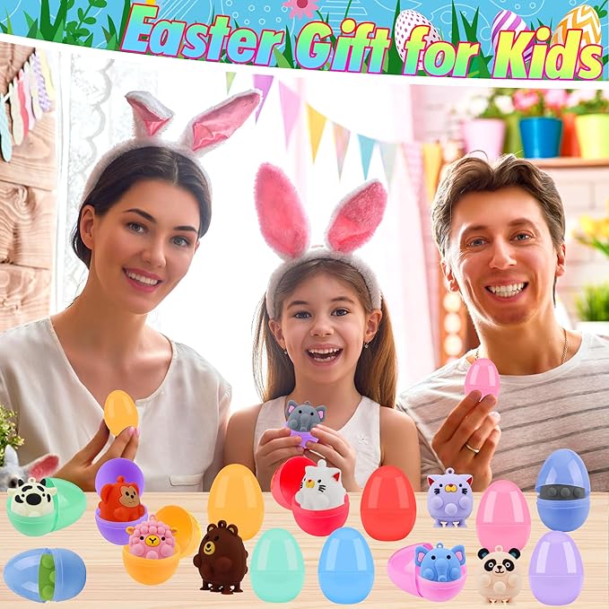 24 Pack Prefilled Easter Eggs with Animal Pop Toys, Filled Easter Eggs for Egg Hunt, Easter Basket Stuffers for Kids,Easter Party Favors Prizes, Prefilled Easter Egg with Toys