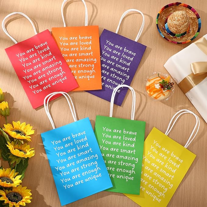 Coume 12 Pcs Inspirational Gifts Bags with Handle Employee Coworker Appreciation Goodie Paper Handbags for Graduation Birthday Party Kraft Thank You Bags Classroom, 5.9 x 3.15 x 8.27 Inch (Classic)