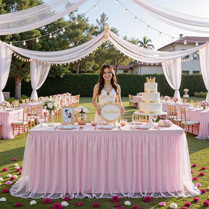familus Pink Table Cloths 8 Foot Rectangle 2 Pack Stretch Ruffle Tulle Tablecloth Spandex Fitted Table Cover for 8 Foot Tulle Table Skirts for Party Wedding Table Cloths, Banquets
