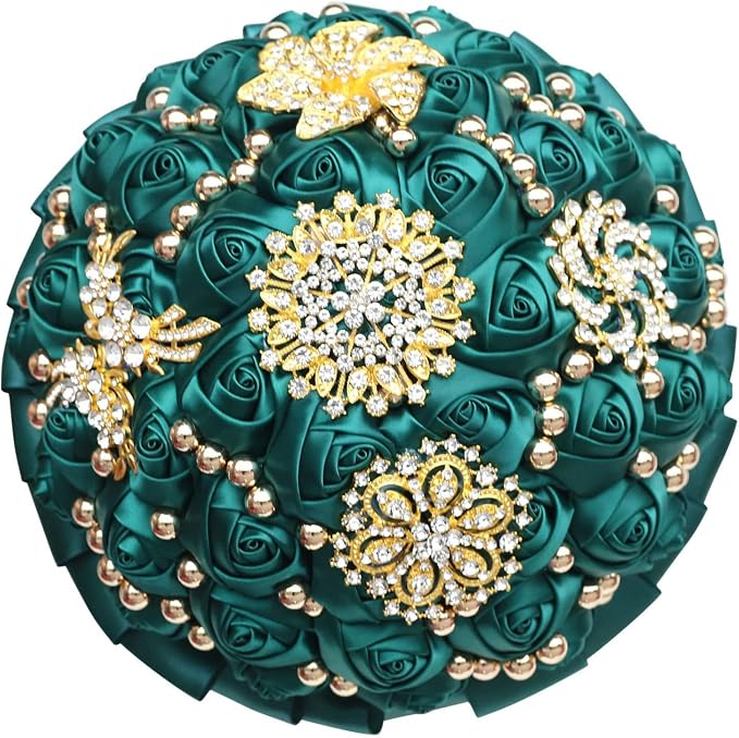 Emerald Green Bridal Wedding Bouquet Luxury Gold Rhinestone Brooch Bouquet for Bride Bridesmaid Quinceanera Satin Rose Artificial Flower Bouquet Wedding Emerald Green 7.1in