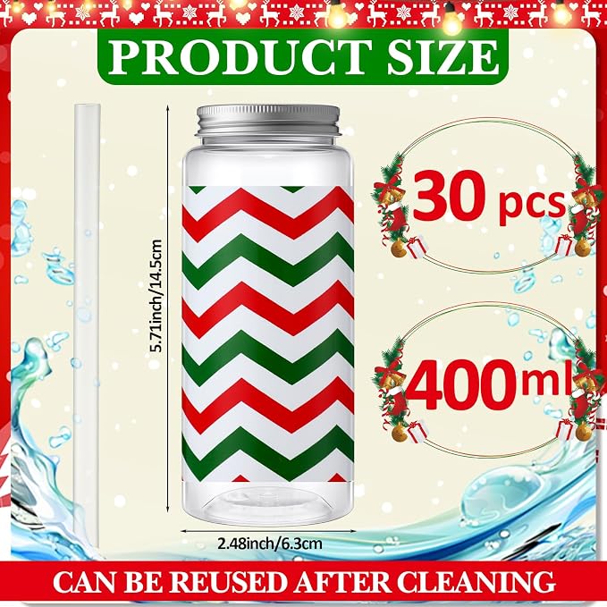 Skylety 30 Pcs Christmas Plastic Cups with Lids and Straws 13.5 oz Red and Green Striped Reusable Plastic Tumbler Christmas Party Decor for Xmas Women Birthday Party Supplies