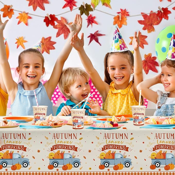 Fall Theme Party Supplies Kit, Serves 25: Complete Autumn Harvest Disposable Dinnerware Set - Includes Dinner & Plates, Napkins, Cups & Tablecloth. Thanksgiving/Autumn Party Decorations.
