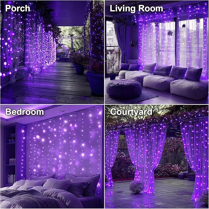 HXWEIYE 300LED Fairy Curtain Lights, 9.8x9.8Ft USB Plug-in 8 Modes Christmas String Hanging Lights with Remote for Bedroom Backdrop Wedding Indoor Wall Decor, Purple, Standard – 1 Pack