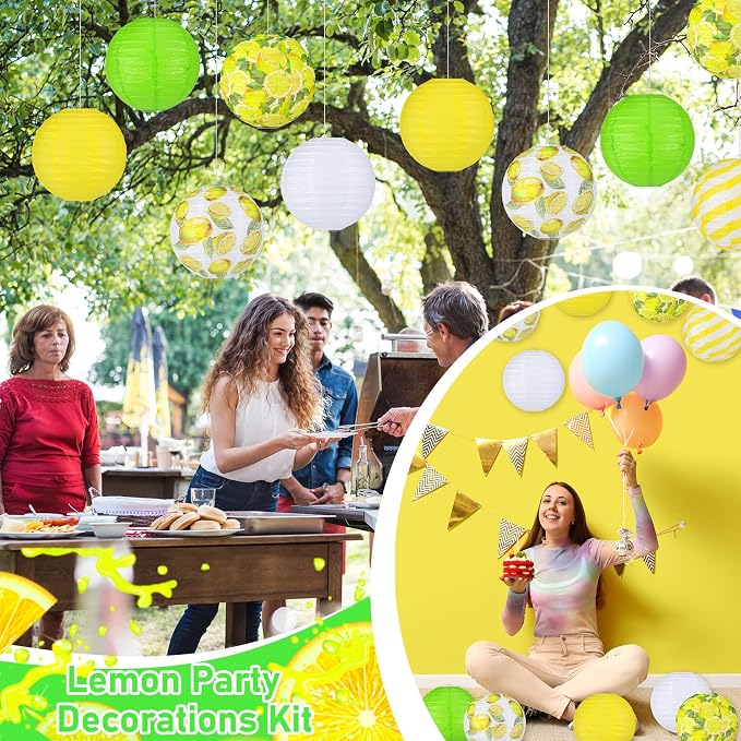 Panelee 12 Pcs Summer Lemon Party Decorations Paper Lanterns Round Hanging Lemon Paper Lanterns for Summer Fruit Party Decorations Supplies Indoor Outdoor