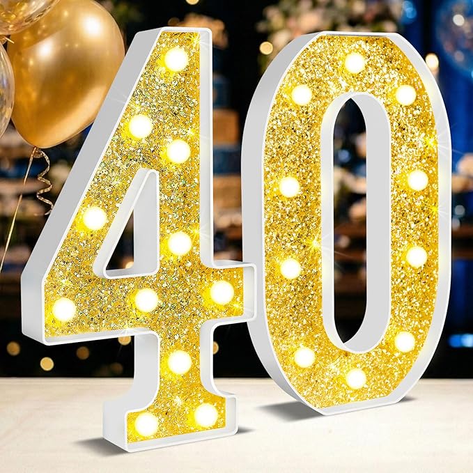 12.6 Inch LED Gold Marquee Light Up Numbers, 40th Birthday Decorations Number Lights as Gifts for Women Men, Glitter Lighted Marquee Numbers for Golden Anniversary Party Table Decor, 40