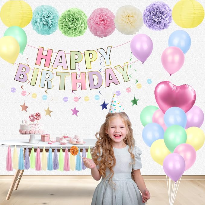 Pastel Rainbow Party Decorations 50Pcs Pastel Birthday Decorations for Girl | with Happy Birthday Banner Balloons Paper Pom Poms Lantern Hanging Swirls Garland Ribbon Macaron Theme Party Supplies