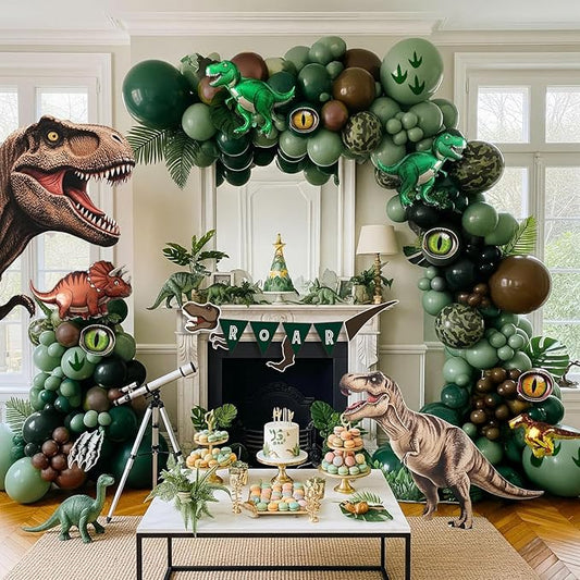 Dinosaur Birthday Party Decorations hunter Green black brown balloon arch kit with mini dino Foil balloons ROAR Banner Dinosaur eye stickers for jungle adventure Boy Scouts three rex Jurassic Supplies