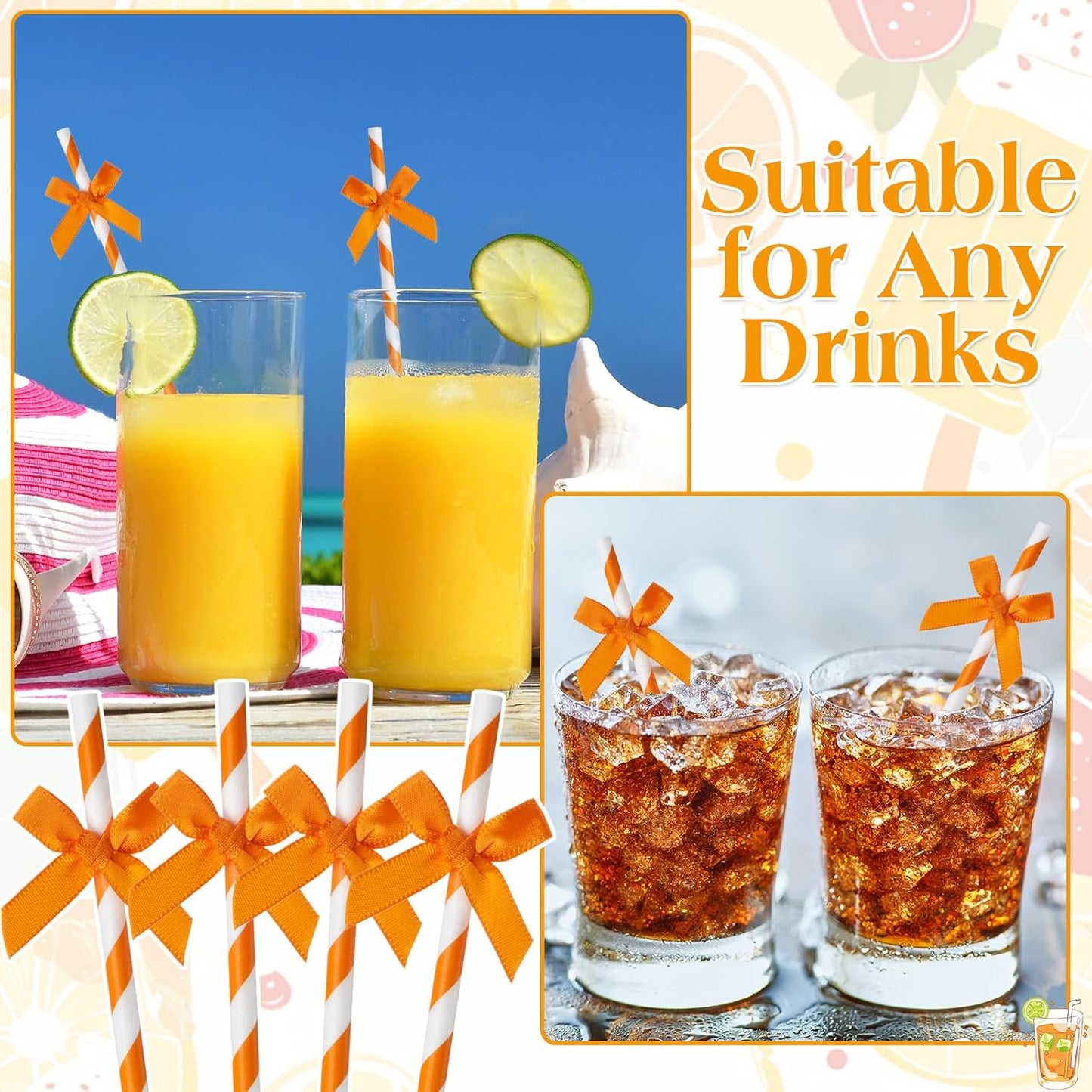 100 Pcs Fall Orange Paper Bow Straws for Drinking, Halloween Disposable Striped Paper Straws Bulk Autumn Theme Birthday Party Supplies for Wedding Cake Decorations Bachelorette Bridal Shower