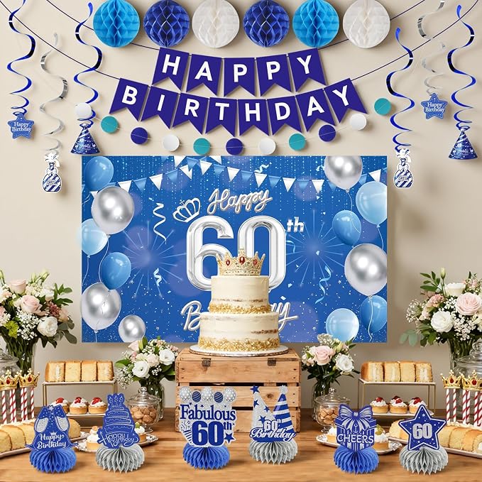Happy 60th Birthday Party Decoration: Including Birthday Banner Backdrop, Party Table Centerpieces and Hanging Swirl Party Streamers, Birthday Decor for Men and Women (Blue, 60th Birthday)