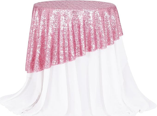 PartyDelight Sequin Tablecloth Round 50" Fuchsia Pink for Wedding Party Birthday Bridal Baby Shower and Other Events Decorations