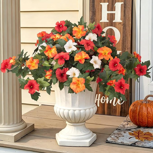 Ammyoo Artificial Fall Flowers Fake Petunias Plants for Outdoor Decoration | 2 Pcs UV Resistant Faux Silk Flowers No Fade Floral for Garden Balcony Yard Porch Realistic Indoor Decor (Orange White)