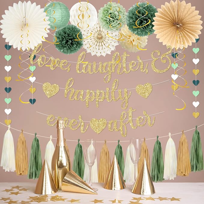 Roetyce Engagement Party Decorations, Green Gold Love Laughter & Happily Ever After Banner for Bridal Shower, Wedding Bachelorette Party Backdrop, Almost Married/Just Engaged Photo Background Decor