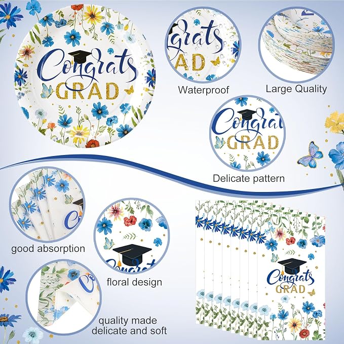400 Pcs Class of 2026 Blue Floral Graduation Decoration for 50, Royal Navy Blue Gold Graduation Paper Plates Napkin Cup Cutlery Wildflower Grad Tableware for 2026 Congrats Grad Party Supply
