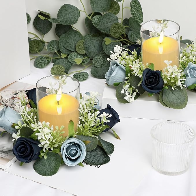 4 PCS Candle Rings Wreaths 3 Inch Center - Artificial Roses Candle Rings with LED Candles for Wedding Centerpiece Table Home Party Decor, Navy Blue, 2 Sets