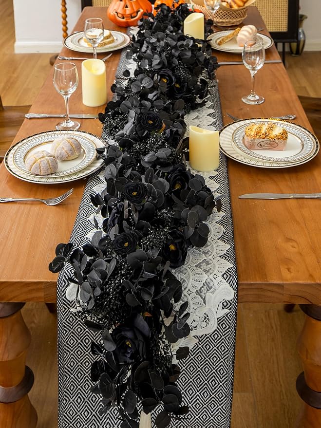6FT Black Halloween Garland with 10 Black Rose and Berries, Artificial Flower Eucalyptus Garland for Halloween Decorations for Wedding Party Table Decor Indoor Outdoor Backdrop Wall Decor