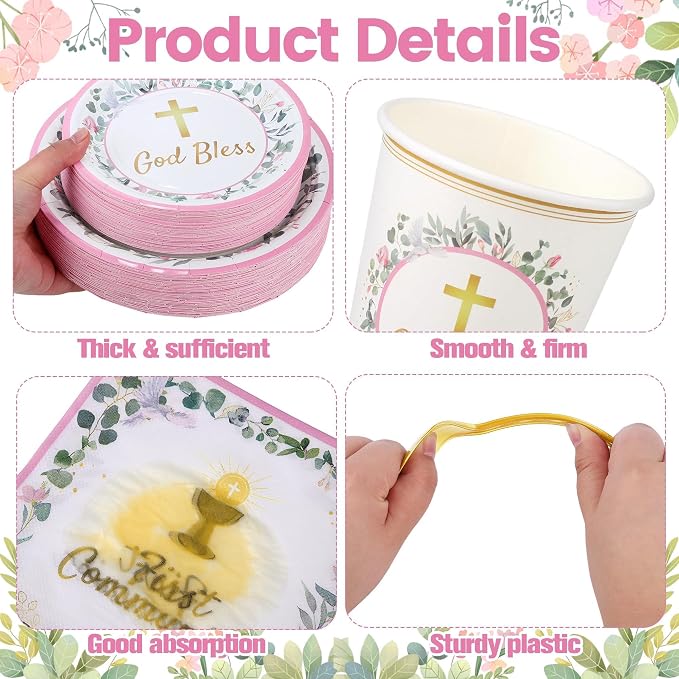 Kochorie 400 Pieces Pink First Communion Decorations, Disposable First Holy Communion Party Tableware Set with Plates Cups Napkins Cutlery Serves 50 for Baby Shower God Bless Baptism Party Supplies
