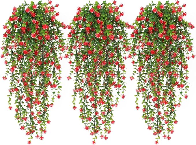 RECUTMS Artificial Hanging Plants Fake Hanging Vine Flowers Fake Plants Faux Hanging Plants Outdoor Faux Eucalyptus Leaf Greenery Wall Indoor Room Wall Wedding Patio Porch Decor(Red)