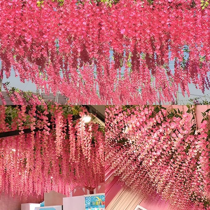 12 Pack Artificial Wisteria Hanging Flowers Fake Wisteria Flower Silk Vines Rattan Decor for Home Wedding Arch Wall Garden Greenery Bedroom Outdoor Office Party Decoration (Dark Pink)