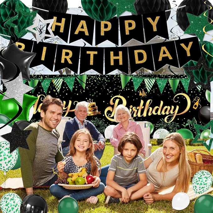 Green Black Birthday Decorations, Happy Birthday Banner, Backdrop, Balloons, Honeycomb Balls, Star Foil Balloons, Stars Hanging Swirls & Cake Topper for Baby Boys Girl Men Women Birthday Decoration