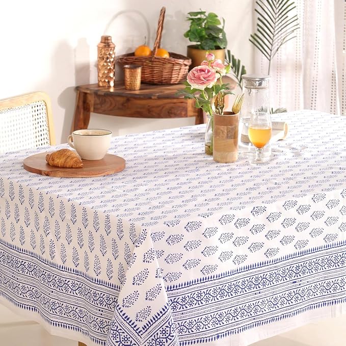 Hand Block Printed Tablecloth, Colorful Floral Print, Indian Artisan Handmade Art, Dining Room, Kitchen, Outdoor Décor, (Blue Buti, 12 Seater 72 x 135 Inches Rectangle)