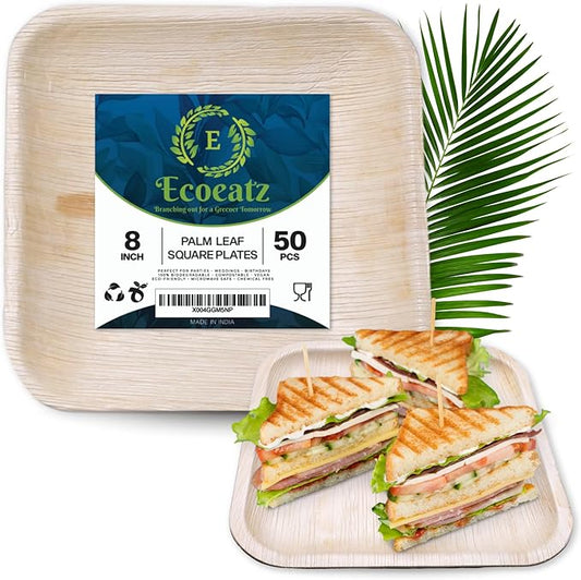 8 inch Square Palm Leaf Plates 50 pcs Compostable and Biodegradable Disposable Plates, Microwave Safe, Heavy-Duty Sustainable Appetizer and Dessert Plates for Parties, Picnics and Weddings
