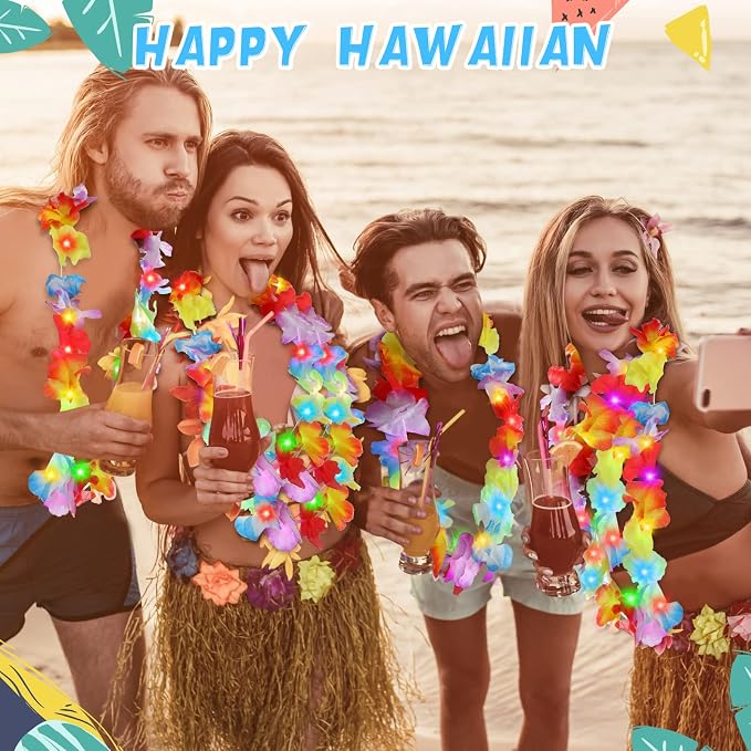 Sherr 48 Pcs LED Hawaiian Leis Light up Flower Leis Necklace with LED Lights Luau Flowers Necklaces for Masquerade Beach Wedding Tropical Themed Party Supplies(Rainbow)