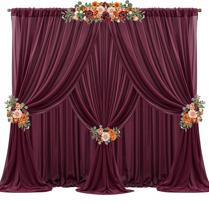 30ft x 10ft Burgundy Backdrop Curtains, Wrinkle-Free Sheer Chiffon Fabric Photo Backdrop Drapes for Wedding Arch Party Ceremony Stage Photography Decorations