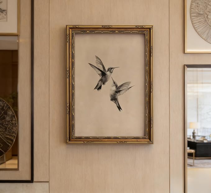 Vintage Gold Framed Vintage Birds Wall Art Birds Sketch Wall Decor Retro Hummingbirds Canvas print Retro Sketch Artwork Painting for Bedroom Living Room Shelf