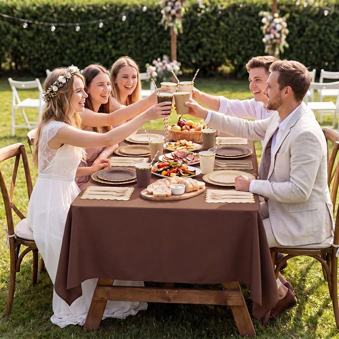 Vesici 452 Pcs Brown Party Supplies Set Gold Rim Disposable Tableware with 9'' 7'' Paper Plates Napkins Tablecloths 9oz Cups Cutlery Straws Neutral Party Decorations for Birthday Wedding Baby Shower