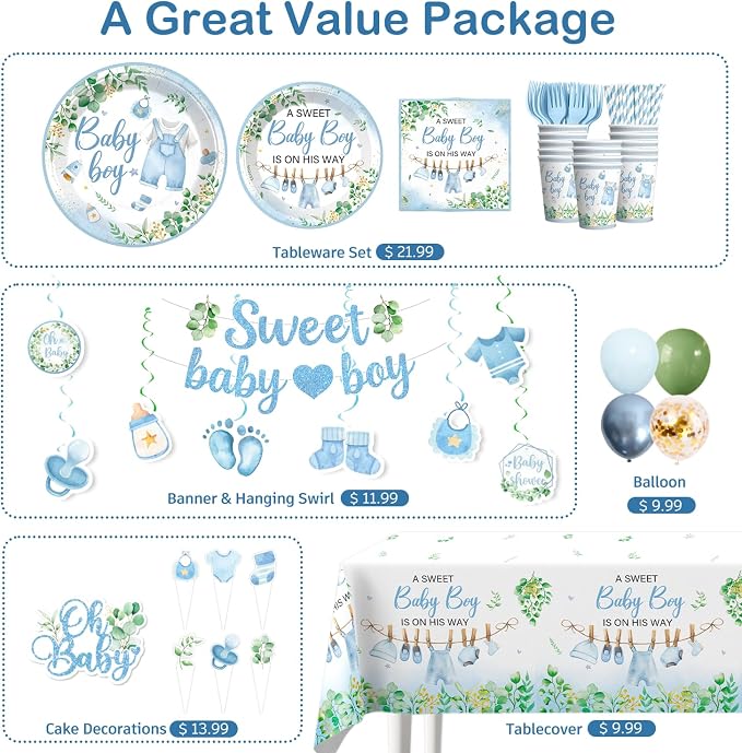 Xynic 201PCS Baby Shower Decorations Boy Tableware Set, 25 Serves Disposable Plates and Napkins Set, with 2pcs Tablecloth, Cake Topper, Banner, Balloons for Baby Boy Shower Decorations