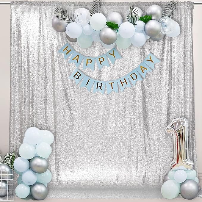 PartyDelight Silver Sequin Backdrop 6x8ft 4 Inch Rod Pocket | 3mm stitched silver sequins on mesh backing with 4 inch rod pocket for full body photos ceremony arches party walls and stage