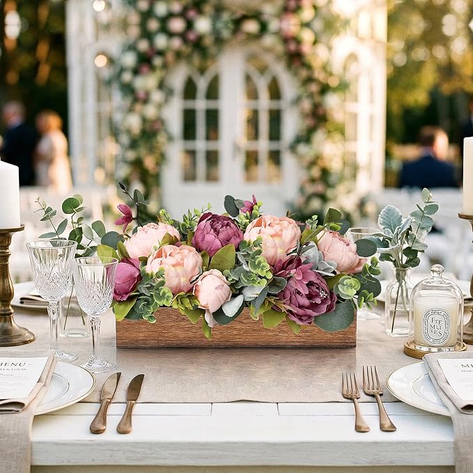 Pre-Made Flower Table Centerpieces for Dining Room Wedding Artificial Peony Table Decorations Wood Tray with Fake Flowers for Living Room Party Bar Kitchen Table(Dusty Mauve & Blush Pink)